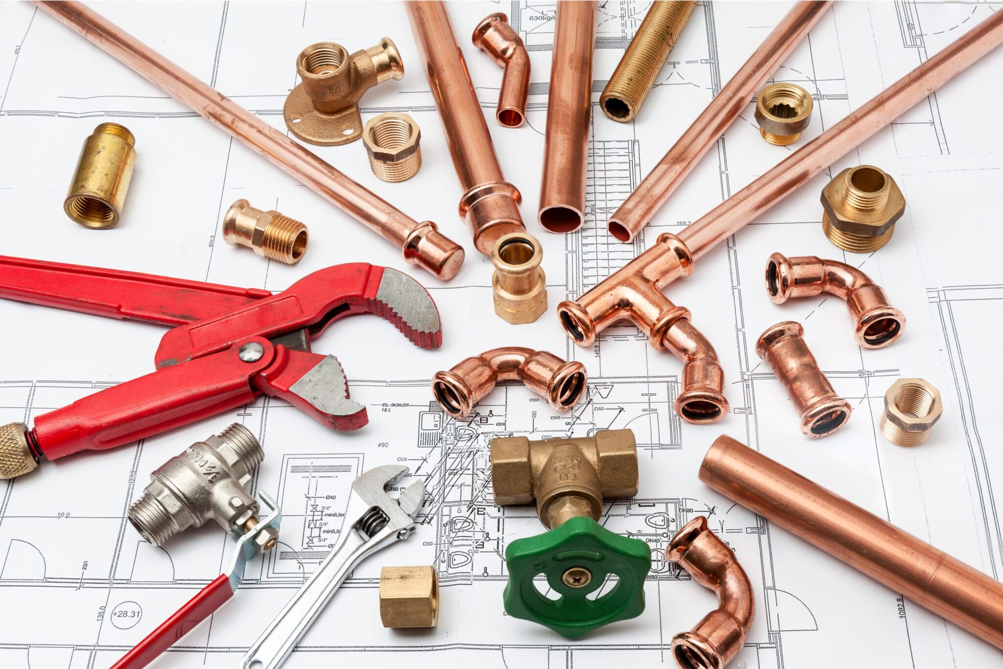Copper pipes, fittings, valves, and plumbing tools in Rockledge