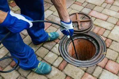 Plumber cleaning an outdoor sewer drain in Rockledge