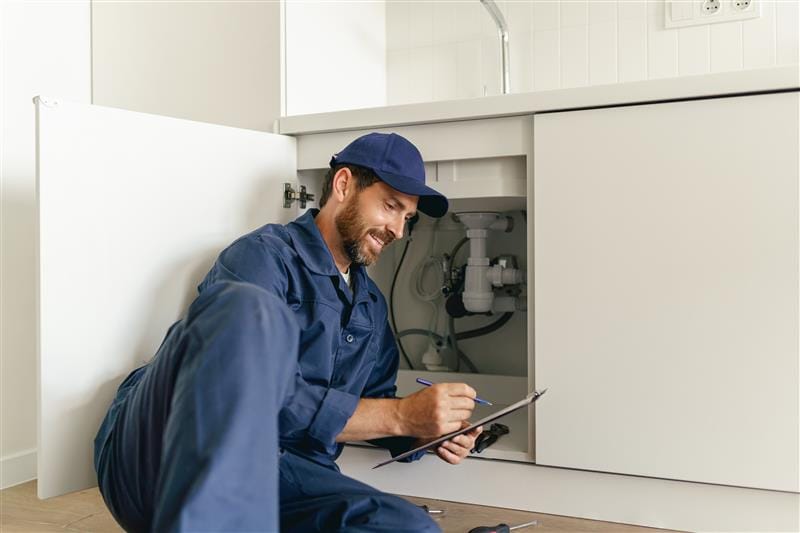 Residential plumber reviewing plumbing repairs in a Rockledge kitchen