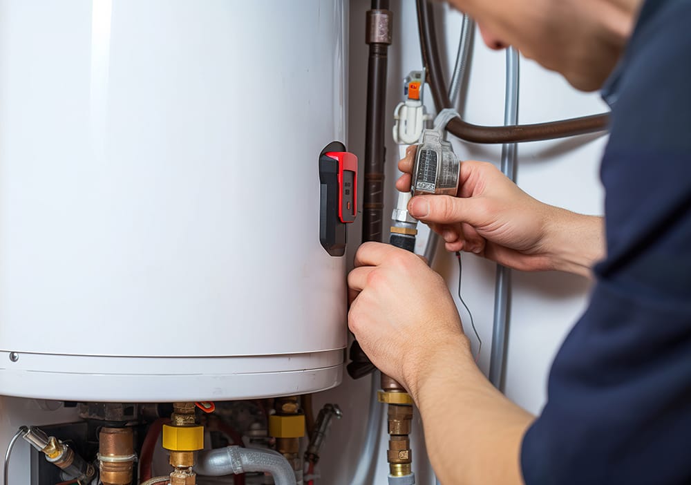 Technician repairing pipes connected to a water heater in Rockledge